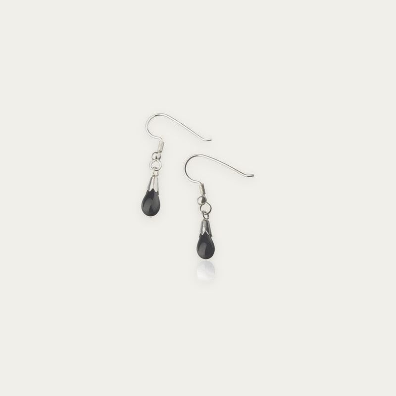 Black lava tear earrings - Silver wire